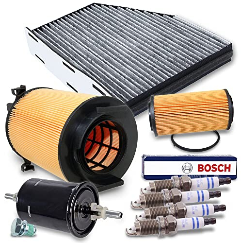 ATEC Germany Inspektionspaket Filterset mit 1x Ölfilter, 1x Luftfilter, 1x Innenraumfilter (Pollenfilter), 1x Kraftstofffilter, 4x Zündkerze FR7HPP332W, Kompatibel mit AUDI A3 (8P1), VW GOLF 5 (1K1)
