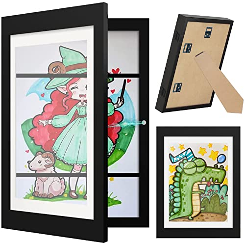 SanerDirect 1 STÜCK Kinder Kunstrahmen Frontöffnung, A4 Scharnierter hölzerner Fotorahmen Befüllbarer Klapprahmen zur Aufbewahrung&Darstellung von Kinderzeichnungen/Kunstwerken, Schwarz