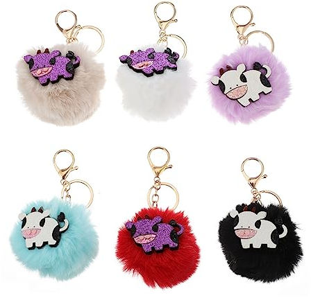 GALPADA Schlüsselanhänger Kuh Form Plüschball 6 Stück Weicher Stoff Anhänger Bunter Taschen Und Schlüsselring Accessoire Für Schlüssel Und Rucksack Geschenkidee