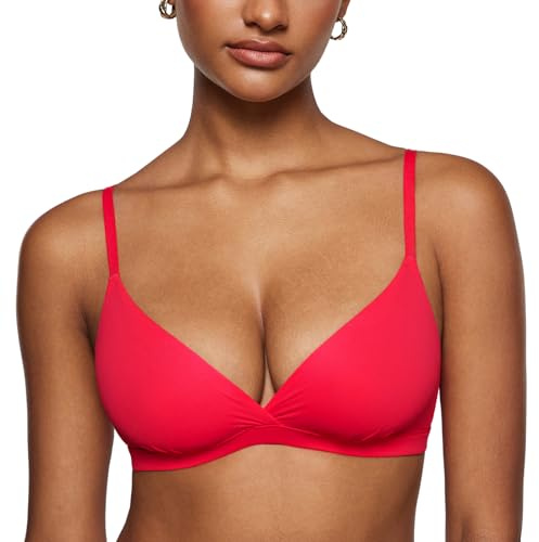 INLYRIC Women's Inbarely Triangle Bralette Comfort Unlined V Neck Non Wired Smooth Soft Bra Top Stretch Bright Red M