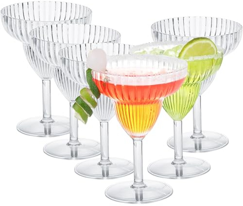 Cididu Set of 6 Acrylic Margarita Glasses, 14 Oz Plastic Stemmed Cocktail Glasses, Clear Ribbed Margarita Glassware Shatterproof, Reusable Goblet Cups for Tequila Spicy Martini, Party Bar Wedding