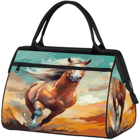 Watercolor Running Horse Painting Gym Bag for Women Men, Travel Sports Duffel Bag with Trolley Sleeve, Waterproof Sports Gym Bag Weekender Overnight Bag Carry On Tote Bag for Travel Gym Sport