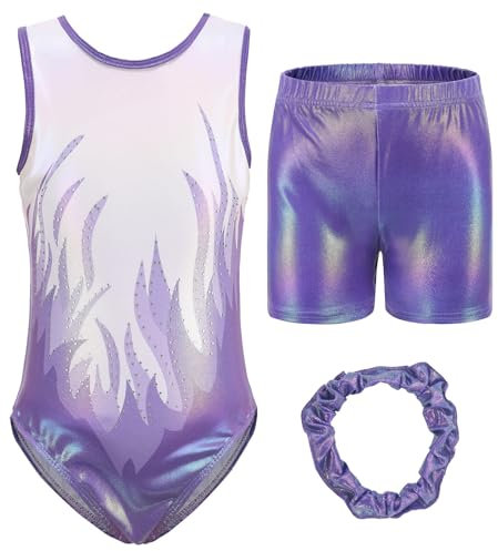 Happy Cherry Kinder Gymnastikanzug Ärmellos Gymnastikbody Shorts Set Glänzende Turnanzug für Mädchen Kunstturnen Bekleidung 7-8 Jahre