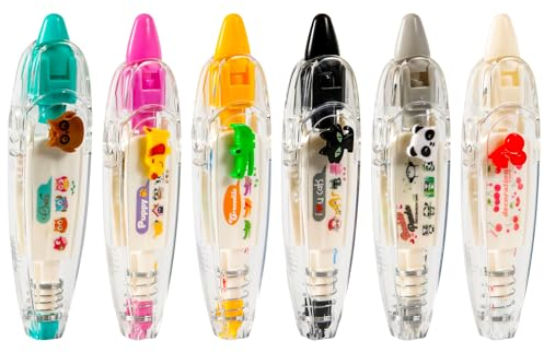 PEUTIER 6uds Bolígrafo Decorativo Tipo Prensa Animal, 6 Estilos Lindo Bolígrafo con Cinta de Bolsillo Blanca Cordón Dibujos Animados Bolígrafo con Cinta Correctora para Manualidades Diario Álbumes