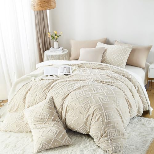 Lanqinglv Boho Bettwäsche 200x220 Beige Getuftet Exquisite Stickerei | ÖKO-TEX Zertifiziert,Aesthetic Bettwäsche für Allergiker,4 Jahreszeiten Set,Bettbezug 2 Kissenbezüge 80x80 mit Reißverschluss