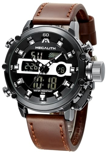 MEGALITH Orologio Uomo Digitale Militare - Sportivo Orologio da Polso Pelle Marrone Quadrante Grande LED Orologi Analogico Digitali Impermeabile Allarme Cronometro Calendario - Regali da Uomo