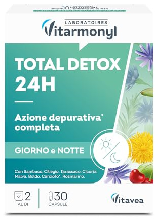 Vitarmonyl Total Detox 24H - Integratore Drenante Forte - Detox Fegato e Intestino - Azione Giorno e Notte - Digestione, Metabolismo e Depurazione - 30 Capsule