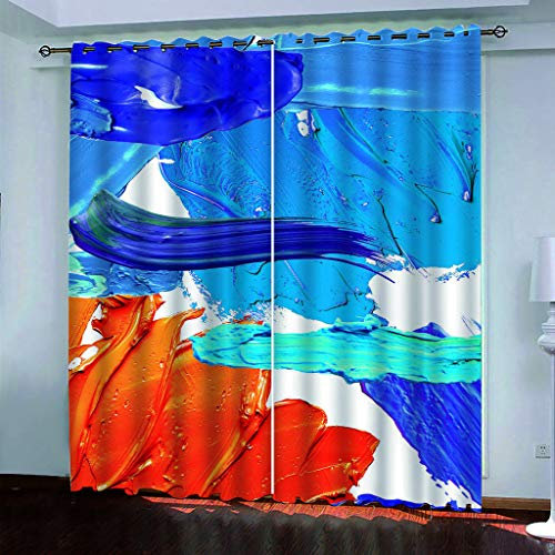 Verdunkelungsvorhang Kinderzimmer 2Er Set, 3D Blau-Orangefarbene Farbe Muster Vorhänge Blickdicht Schlafzimmer, Ösenvorhang Gardinen Wohnzimmer Modern Thermogardine Vorhang Blickdicht 200X210cm