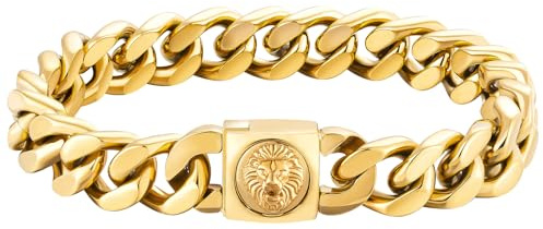 KRKC&CO 12mm Herren Armband mit Löwe Kopf Verschluss, 18K Gold beschichtet Panzerarmband, breite dicke Edelstahl Cuban Armband, Hip Hop Wikinger Biker Schmuck Geschenk für Männer Jungs [Länge 21,6cm]