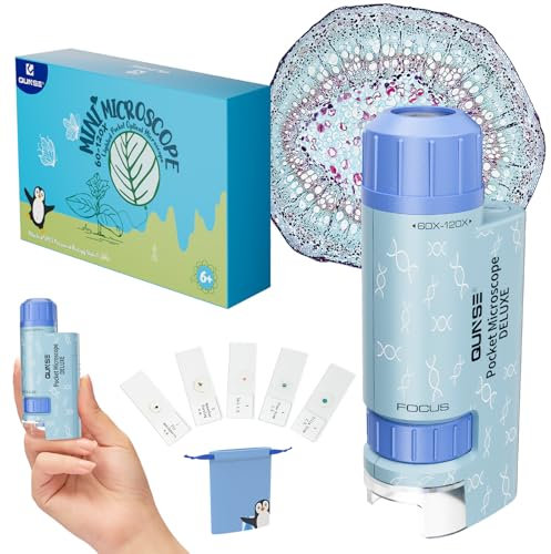 QUNSE Microscopio Bambini Portatile 60x-120x, 5 Vetrini Microscopio Preparati (blu)