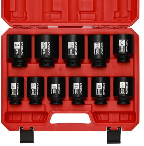 CASOMAN 11PCS 1/2-Inch Drive Large Impact Socket Set, 6 Point, 1-3/8-Inch to 2-Inch, SAE Spindle Axle Nut Impact Socket Set, CR-MO