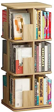 Bücherturm Freistehend 360° drehbares Bücherregal, stehendes Bücherregal aus Holz, großes Fassungsvermögen, Boden-Bücherregal, Organizer, Bücherregal für Zuhause und Büro perfekte Darstellung