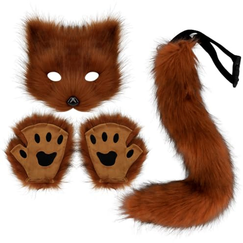 DRESHOW Cola de Zorro de Piel Sintética Peluche Gato de Lobo Máscara Disfraz de Fiesta de Halloween Guantes de la Pata Cosplay Set para Mujeres