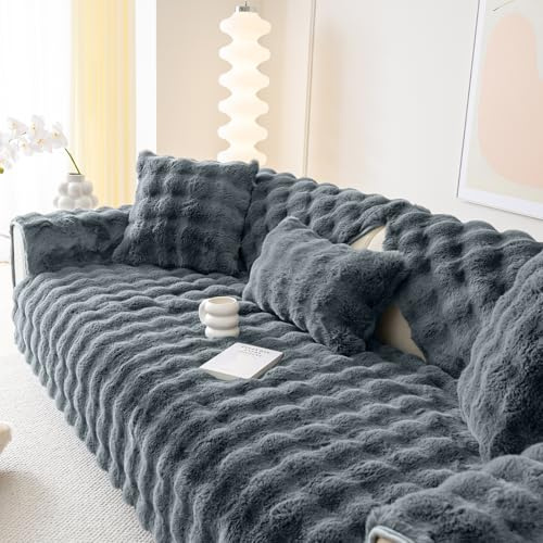 Alishomtll Plüsch Sofabezug Ecksofa 1/2/3/4 Sitzer, Universelle rutschfeste Sofa Überzug, L Form Couch Überzug Sofaschoner, Waschbar Sofaüberwurfe Sofadecke für Wohnzimmer, Dunkelgrau 90x240cm