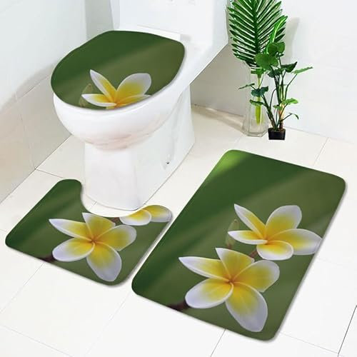 Bad Teppiche Set Grüne Gelbe Blüten Badezimmerteppich Waschbar WC Vorleger mit Ausschnitt und WC Deckelbezug 3 Teilig Badematte rutschfest Toilettensitzbezug Badgarnitur 50x80 cm