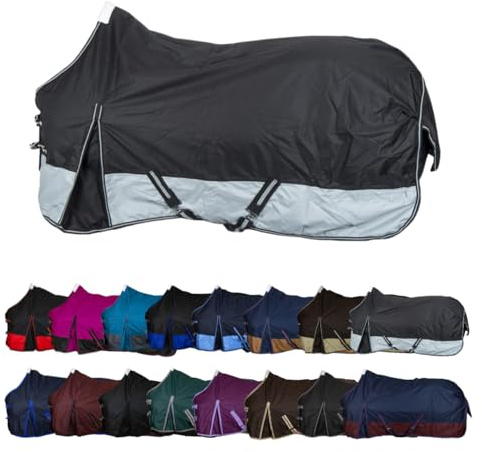 RL24 - Winterdecke Weidedecke Basicline 600D Schwarz/Grau 135 cm (200g) | Pferdedecke mit Füllung – atmungsaktive, Wind- & wasserdichte Outdoordecke mit Innenfutter & Kreuzbegurtung