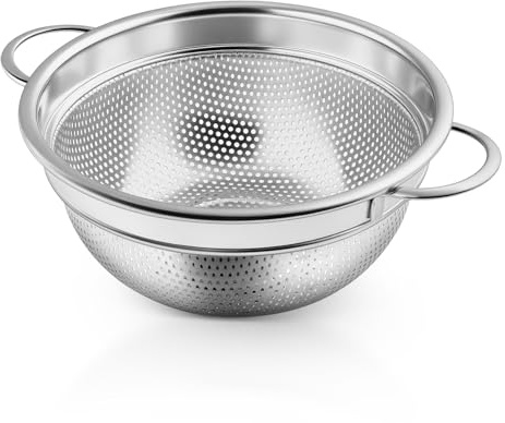 P&P CHEF Colander Strainer Stainless Steel 3 Quart, Metal Micro-Perforated Colander for Kitchen Food, Ideal for Rinsing Washing Draining, Dishwasher Safe, Shiny Silver, 1PC