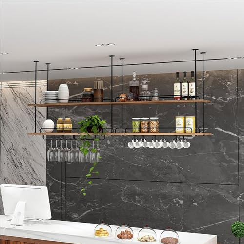 Mensole portaoggetti da soffitto in legno in ferro battuto - Portabicchieri da vino sospeso, espositore da soffitto per bar ristorante, portabottiglie da cucina minimalista industriale, supporto per