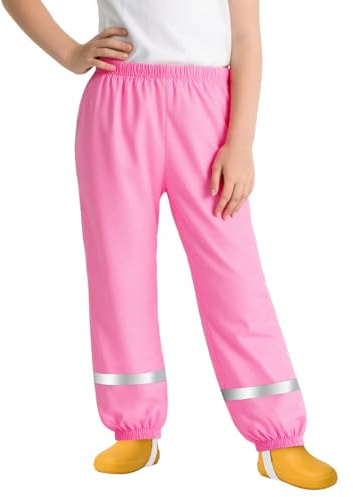 FILOWA Pantaloni Impermeabili Bambina Pantaloni da Pioggia Ragazza Leggeri Salopette Antipioggia con Striscia Riflettente Non Imbottiti Traspirante Pantalone Fango Scuola Ciclismo per 9-10 Anni, Rosa