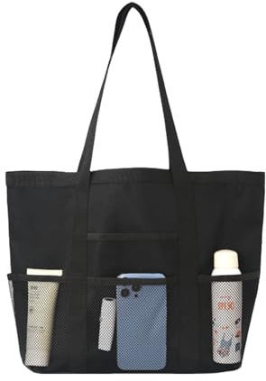 MUNSKT Large Mesh Beach Bag – Waterproof Zip Pocket, Sandproof, Foldable – Ideal for Pool, Travel, Gym & Family Outings – Shopping Grocery Shoulder Bag with Reusable Design (Black)