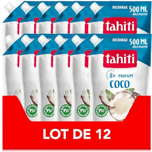 Tahiti, Recharge Gel Douche Monoi Coco, Lot de 12 x 500 ml | Recharge économique de gel douche, Senteur exotique de coco et jasmin 8h, Hydratation naturelle et pH neutre pour la peau