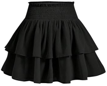 GORGLITTER Women's High Elastic Waist Tiered Ruffle Skirts A Line Flared Mini Smocked Casual Cake Skirt Black Medium