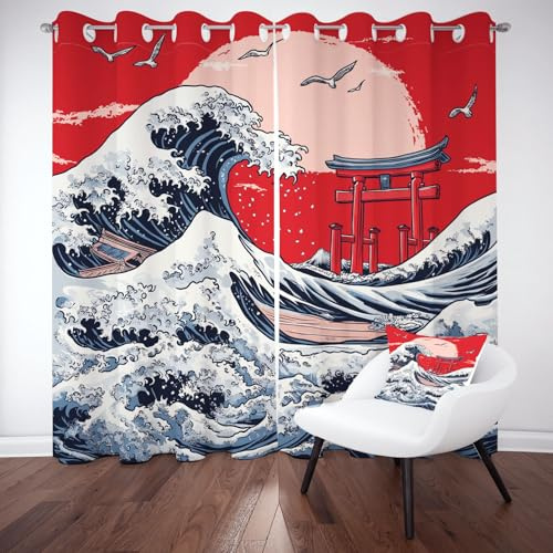Tyafsgvqo Japanischer Stil Vorhange Blickdicht 2er Set, Hokusai Muster Gardinen mit Ösen Meereswelle Schrein Verdunklungsvorhänge 90 cm Lang 65 Breit Thermovorhang Wohnzimmer Schlafzimmer