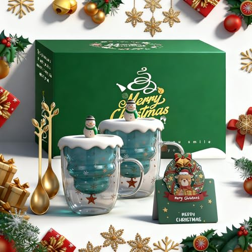 COONE 2er Set Weihnachtstasse, 1 Stück Christmas Cards, Mit Deckel Weihnachten Becher, Inklusive Löffel, Geschenkbox, Für Milch, Eiscreme, Weihnachtsgeschenke Geschenke Für Mädchen Und Kinder