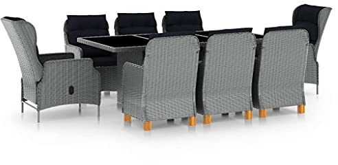 Qnhdfrt Garten Essgruppe 8 Stühle mit Liegesessel und Tisch Set aus PE Rattan Hellgrau Schwarz Polster Outdoor Möbel für Terrasse Balkon Gartenbereich