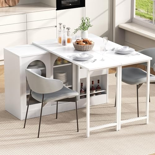 NNJN Moderner Bartisch, Ausziehbar 360° Drehbare Bartisch Mit Stauraum, Reversibel Tisch Sideboard Bar Mit Glasschranktür, Bar Tisch Für Küche Kaffeebar Möbel (Weiß)