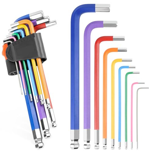pesutei Juego de 9 llaves Allen, juego de llaves Allen métricas de 1.5-10 mm, juego de llaves hexagonales largas antideslizantes con extremo de bola, codificación de colores para bicicleta, vehículos