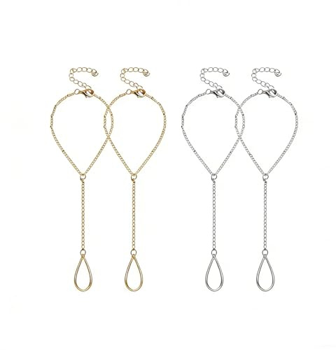 PjuQow Handkette Gold 4 Stück Set, Elegante Handschmuck Kombination für Festival Outfits und Alltagsaccessoires, Armband mit Ring Verbunden in Gold und Silber Farben, Modisches Schmuck Set für Frauen