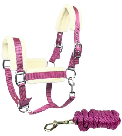 JA Horse JA4006 Premium verstellbar Halfter Set Karabinerhaken, Pink, Cob | 3-Fach Verstellung inkl. Führstrick, Weich gepolstertes Stallhalfter, Verstellbarer Kinnriemen und Karabinerhaken