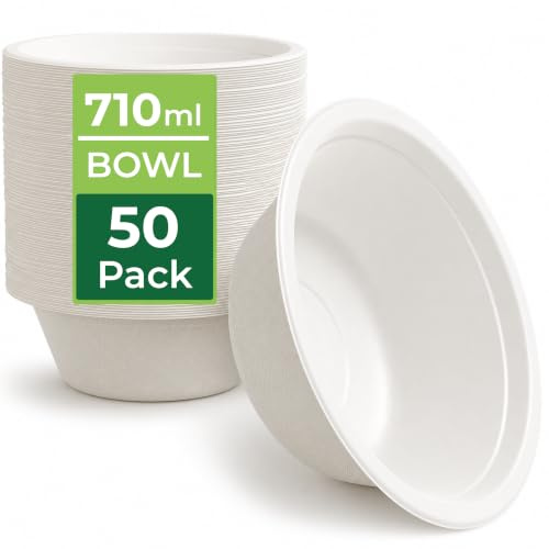 50 Pack Strong Paper Bowls 710ml – Large Disposable Bowls for Parties 24oz | 8 x 2 in, Biodegradable & Microwavable Bagasse Soup Bowls, White, Heavy-Duty, for Pasta, Salads, Curry, Picnic, Home, Office