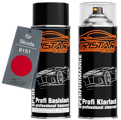 TRISTARcolor Autolack Spraydose für Skoda 8151 Corrida Red/Corridarot +1K | Set aus Basislack + Klarlack, Sprühdosen 400ml
