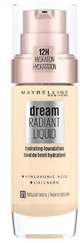 Maybelline Foundation, Dream Radiant Liquid Hydrating Foundation with Hyaluronic Acid and Collagen, Lightweight, Medium Coverage Up to 12 Hour Hydration, 01 Natural Ivory, 30 ml (Pack of 1)