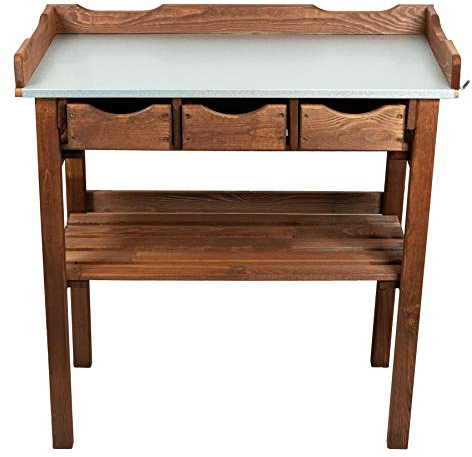 mgc24® Pflanztisch mit verzinkter Arbeitsplatte - 78x38x82cm aus Kiefernholz Dunkelbraun, mit Abstellboden / 3 Schubladen / 3 Haken - für Garten Balkon Terrasse