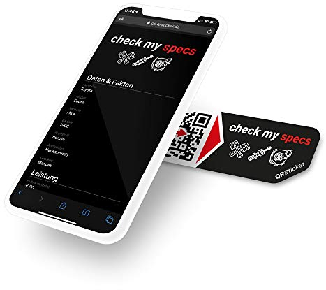 QRSticker „check my specs“ Aufkleber für Fahrzeuge, ideal für Messen oder Events, mit Smartphone App, alle verbauten Teile direkt per QR-Code abrufbar (M, 4 Sticker)