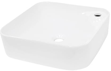ECD Germany tvättställsskåp 435 x 435 x 125 mm i vit keramik perfekt för montering på bänkskiva Används som handfat tvättskål tvättställ eller diskskål Stilren design med vattenfallsblandare