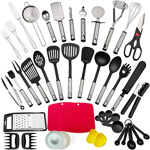 Küchenhelfer Set, 43 Stücke Küchenzubehör Kochgeschirr Set aus Edelstahl & Nylon, Hitzebeständig Home Küche Kochutensilien Löffel, Zange, Schneebesen, Pfannenwender, Nudellöffel, Suppenkelle, Spatel.
