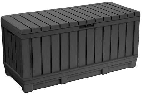 Keter Kentwood Outdoor Storage Box 350L | Wood-Look Resin | Strong Enough for 2 Adults to Sit | Waterproof Lockable Lid | All-Weather & UV Resistant | Garden, Patio & Deck Storage