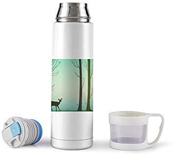Isolierflasche mit Wald- und Hirsch-Motiv, 500 ml, Edelstahl, Thermoflasche mit Becher für Heißgetränke, Kaffee, Tee
