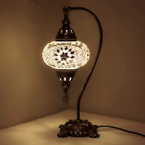 ENVA Turkish Moroccan Mosaic Table Lamp - Handmade Glass Swan Neck - Multi-Colored - LED Bulb Included