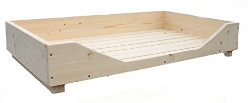 Dekorie Hundebett aus Holz für kleine/mittlere/große Hunde - 60-110 x 40-60 cm - Farbe: geflammt - Hundekorb/Hundesofa/Katzenbett aus Massivholz (XXS, Natur)