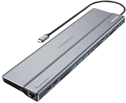 MEDIACOM Docking Station USB-C Type-C a 2 HDMI+LAN GigaBit+Card Reader+2 USB 3.1+VGA+2 USB 2.0 in Alluminio