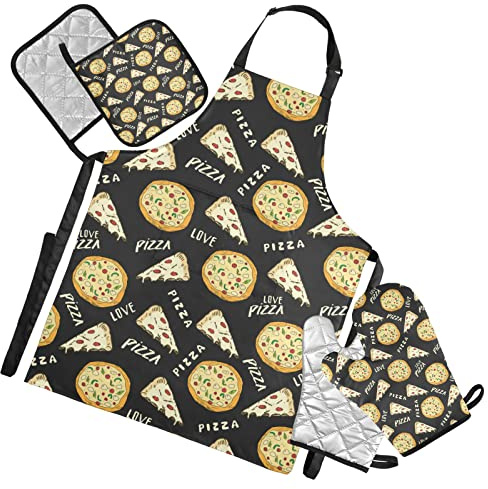 Seamless Yellow Pizza Slice Doodles and Pizza Words on Black 5 Pcs Set Cooking Apron Heat Insulated Oven Mitts with Pot Holder Pad, Kitchen Oven Gloves Protectors Mat for Grilling Baking