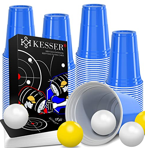 KESSER® Bierpong-Set mit Kartenset, 100 Becher (473ml), 10 Bällen und 54 Karten - Trinkspiele Partybecher Sets für Erwachsene, ideal für Feiern, Geburtstage und Hochzeiten