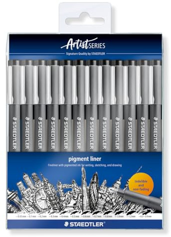 STAEDTLER 308-9 TB12 pigmentfoder pennor - blandade linjebredder, svart (set med 12)