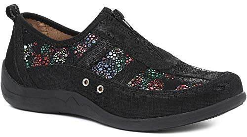 Pavers Women's Leather Trainers in Black Floral - Wide Fit Shoes Decorated with Shimmering Flashes - Ladies Casual Footwear - Size UK 5 / EU 38
