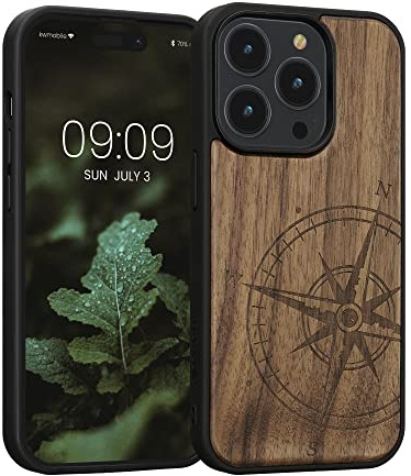 kwmobile Hülle kompatibel mit Apple iPhone 14 Pro Hülle - Holz Case - Handy Cover - TPU Handyhülle in Dunkelbraun Kompass Vintage